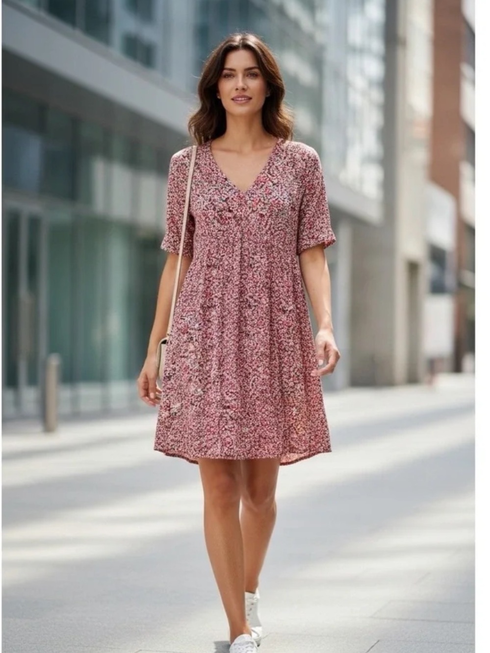 Natural Life Stella V-Neck Mini Babydoll Dress in the Pink/red Ditsy floral XS/S